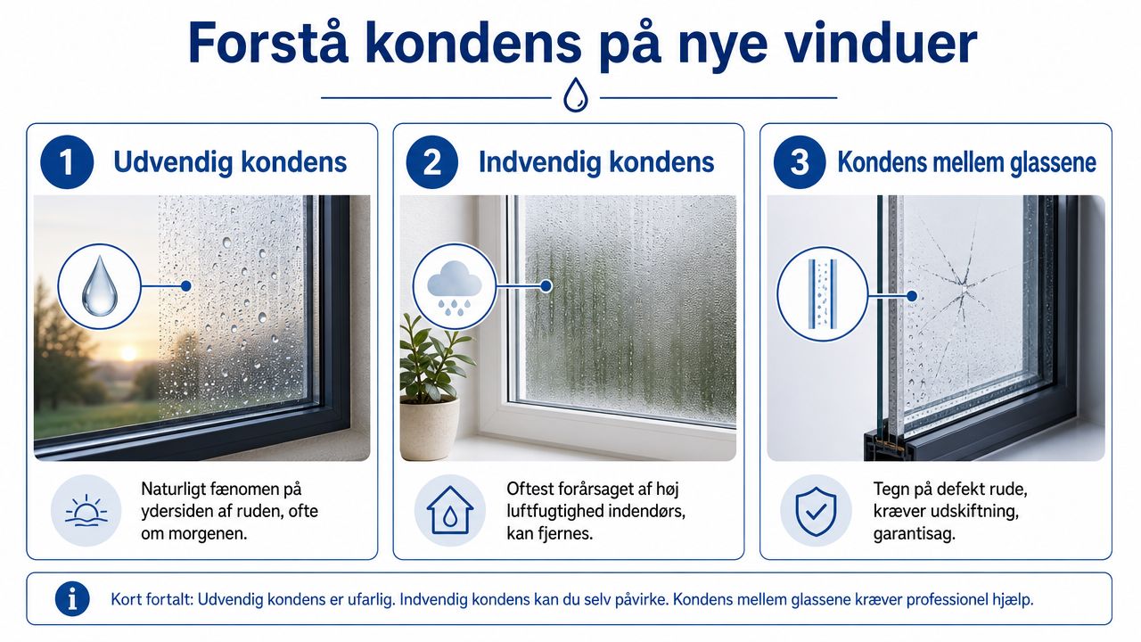 Infografik der forklarer de tre typer af kondens på nye vinduer: udvendig, indvendig og mellem glassene.