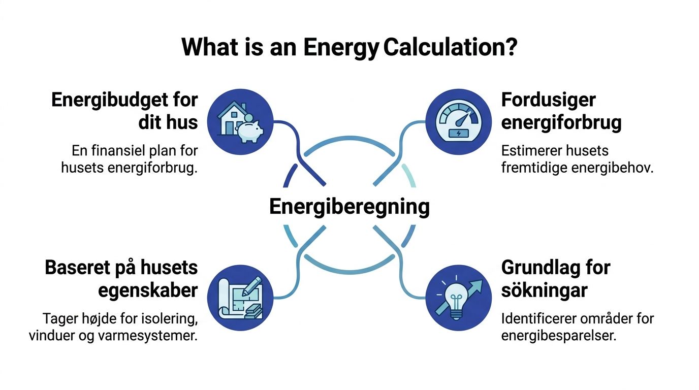 En infografik der forklarer begrebet energiberegning for huse, inklusiv energibudget, forbrugsprognoser, egenskaber og forbedringsmuligheder.