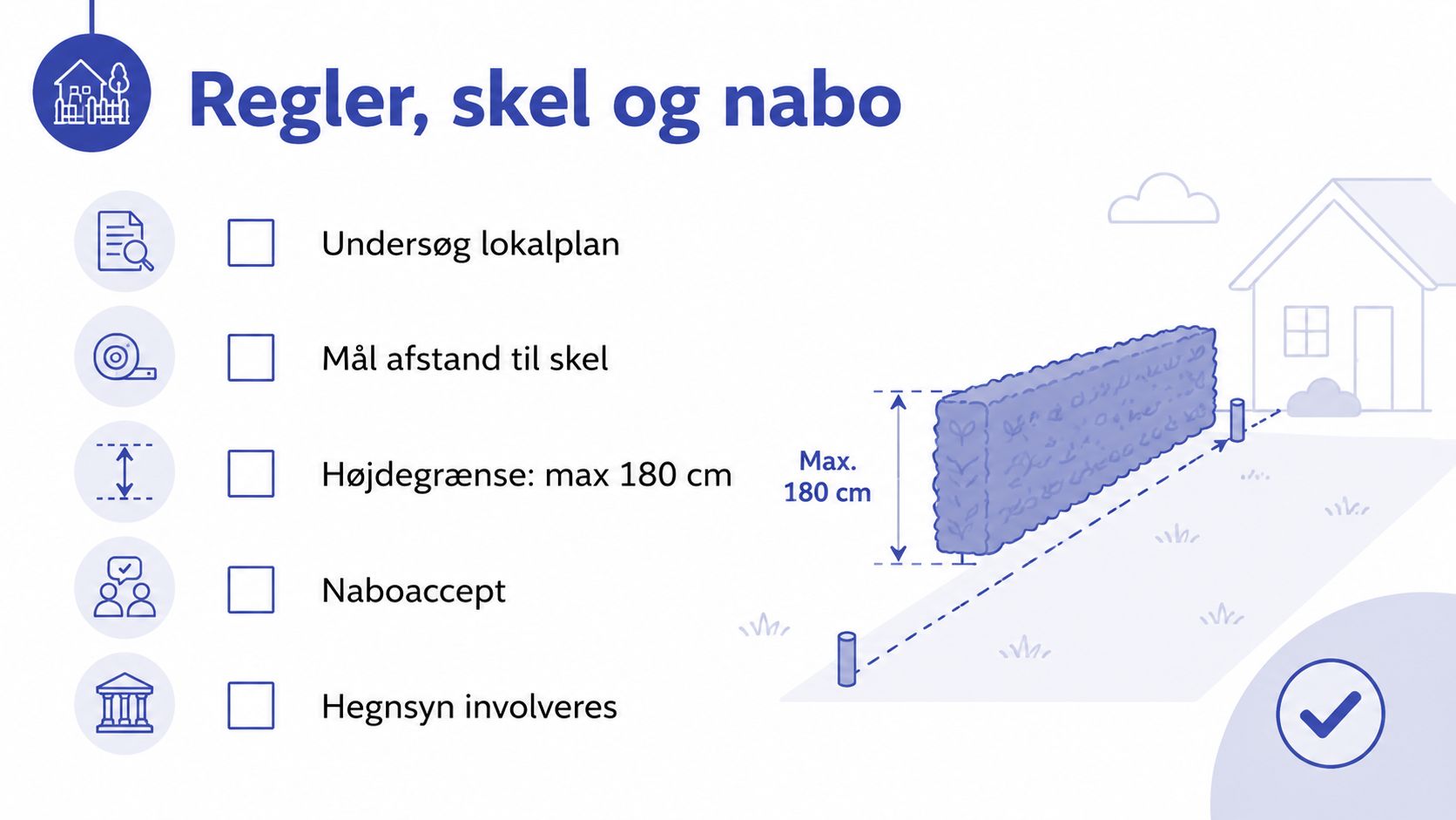 En infografik om regler for opsætning af hæk og hegn ved naboskel med vigtige fokuspunkter.