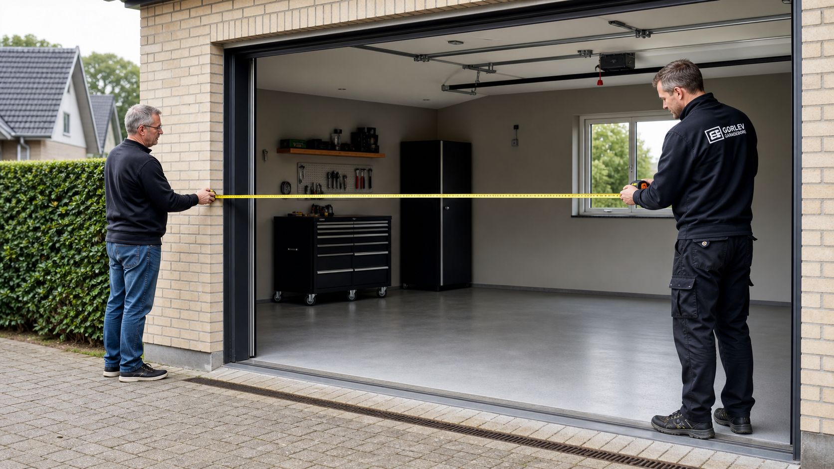 To mænd måler bredden på en garageåbning med et målebånd foran et moderne hus med garage.