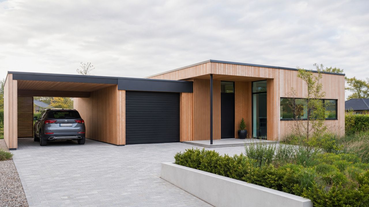 Moderne etplanshus med træbeklædning, integreret garage med carport og en velplejet forhave med flisebelagt indkørsel.