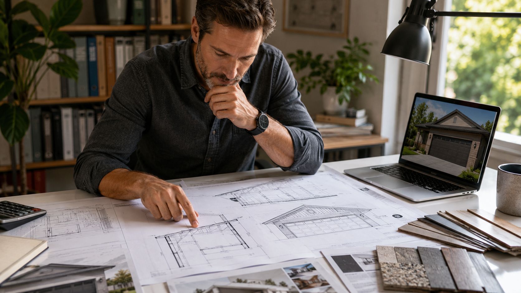 En arkitekt studerer byggetegninger af en garage ved sit skrivebord med en bærbar computer.