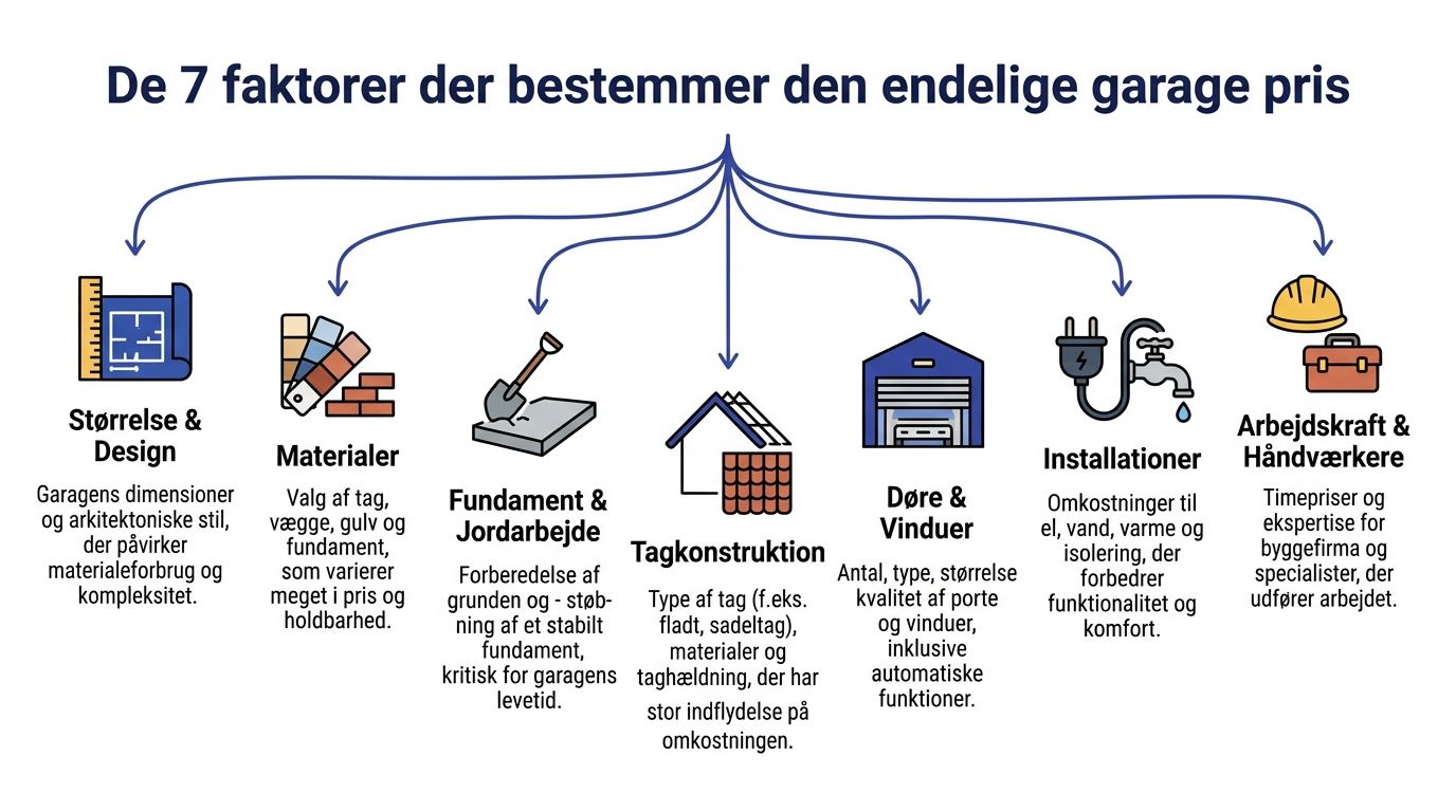 Infografik der viser de syv vigtigste faktorer, der påvirker den samlede pris for at bygge en garage.