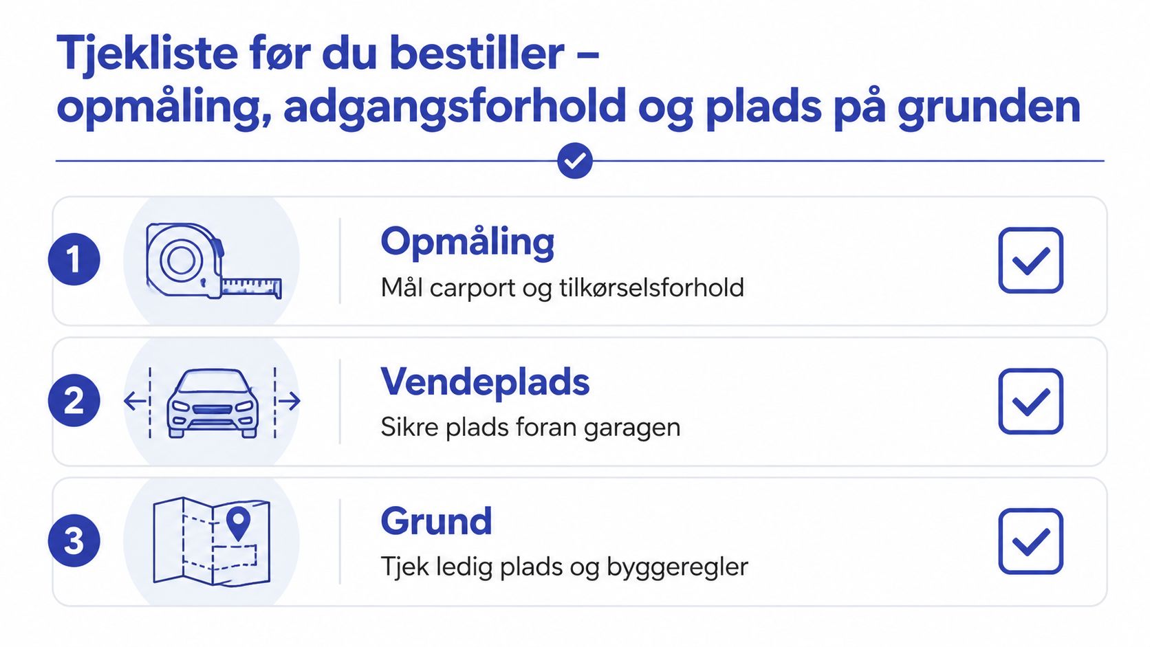 Tjekliste til forberedelse af carport eller garage med tre vigtige punkter om opmåling, plads og regler.