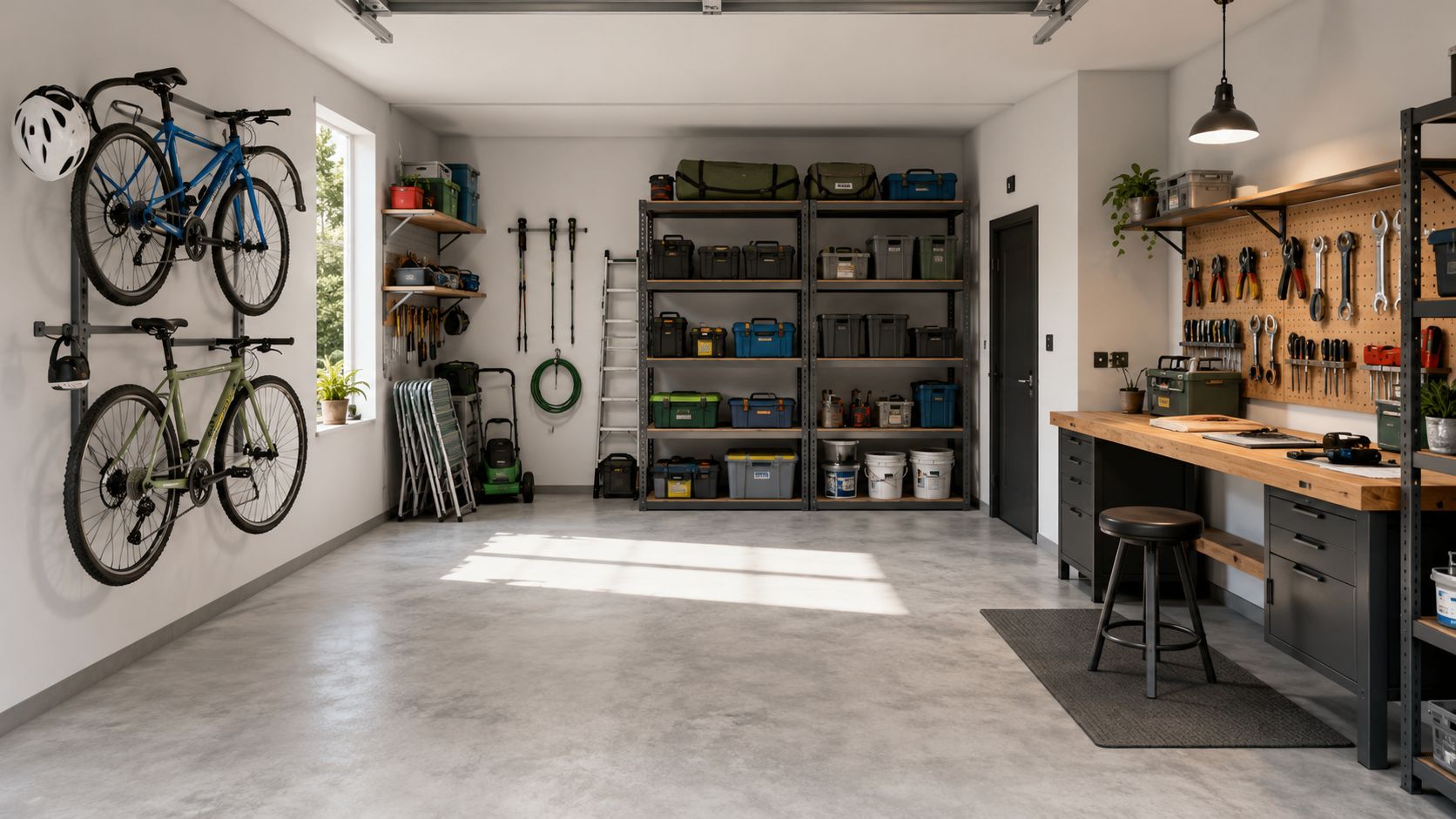 En moderne og velorganiseret garage med cykler på væggen, hylder med opbevaringskasser og en arbejdsbænk med værktøj.