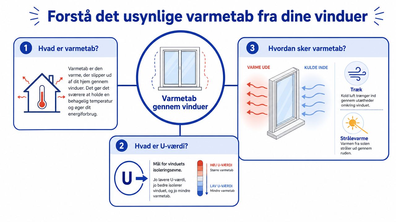 En infografik der forklarer begreberne varmetab gennem vinduer, U-værdi samt hvordan varmetab forekommer via træk og strålevarme.