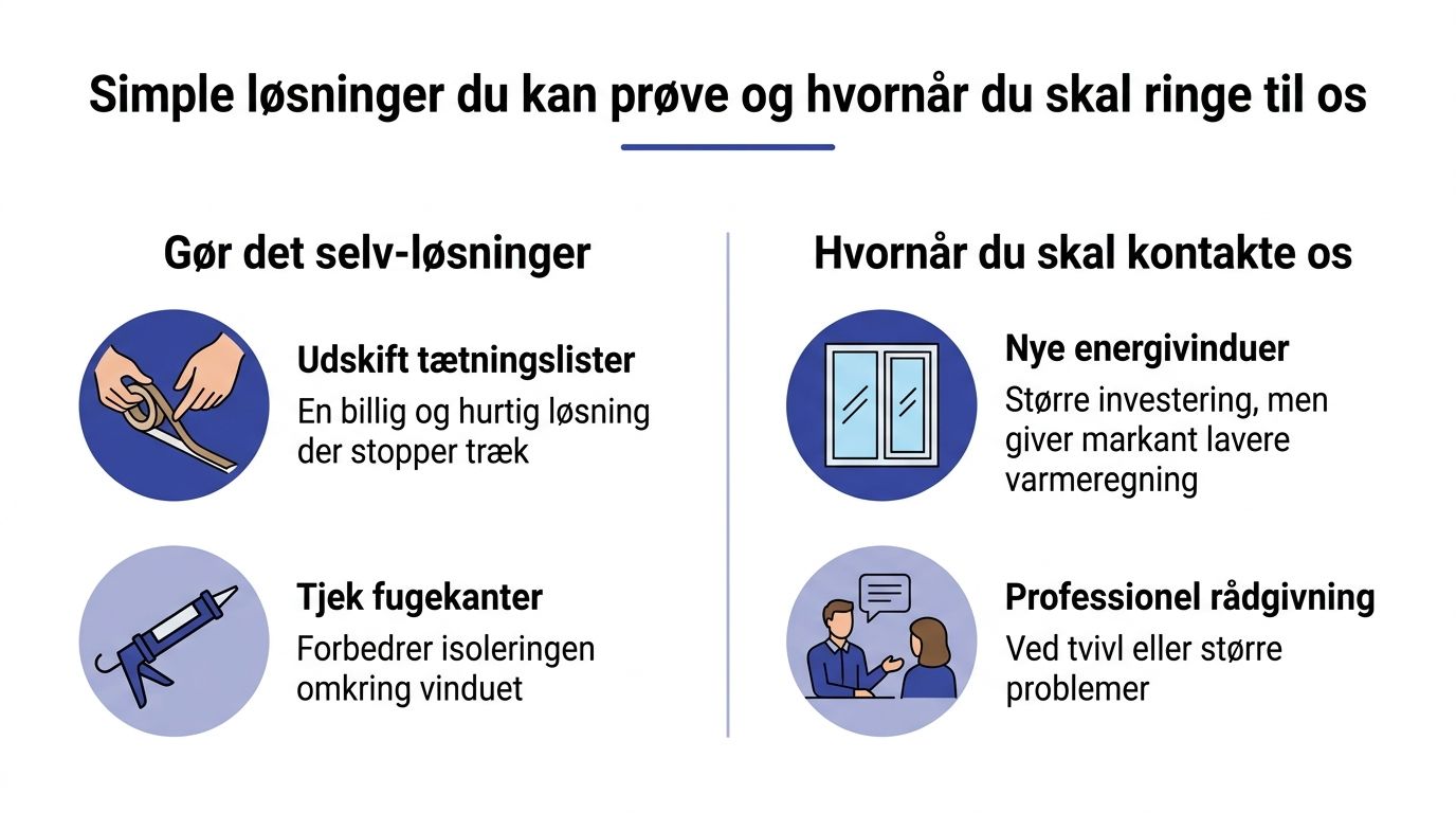 Grafik der viser enkle gør-det-selv løsninger til vinduer og hvornår man bør kontakte professionel hjælp.