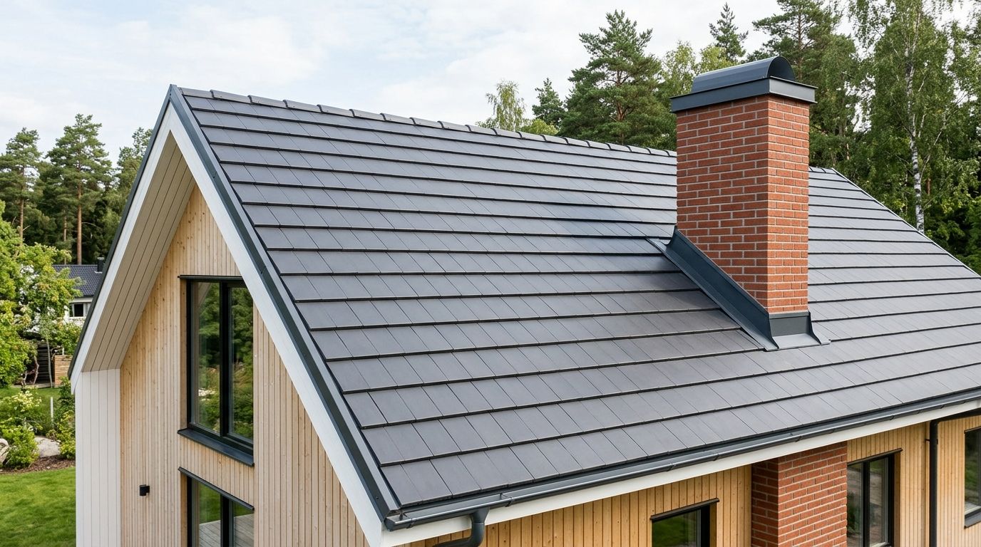 Moderne hus med nyt mørkt tegltag og en rød muret skorsten omgivet af træer i baggrunden.