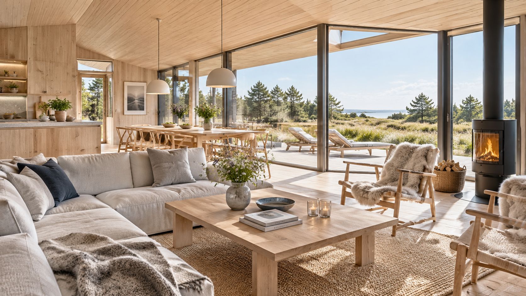 Moderne stue i et lyst sommerhus med store vinduespartier, pejs og udsigt over det smukke danske landskab.