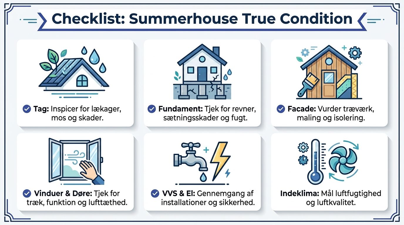 Tjekliste til gennemgang af sommerhusets tilstand, inklusiv tag, fundament, facade, vinduer, VVS, el og indeklima.