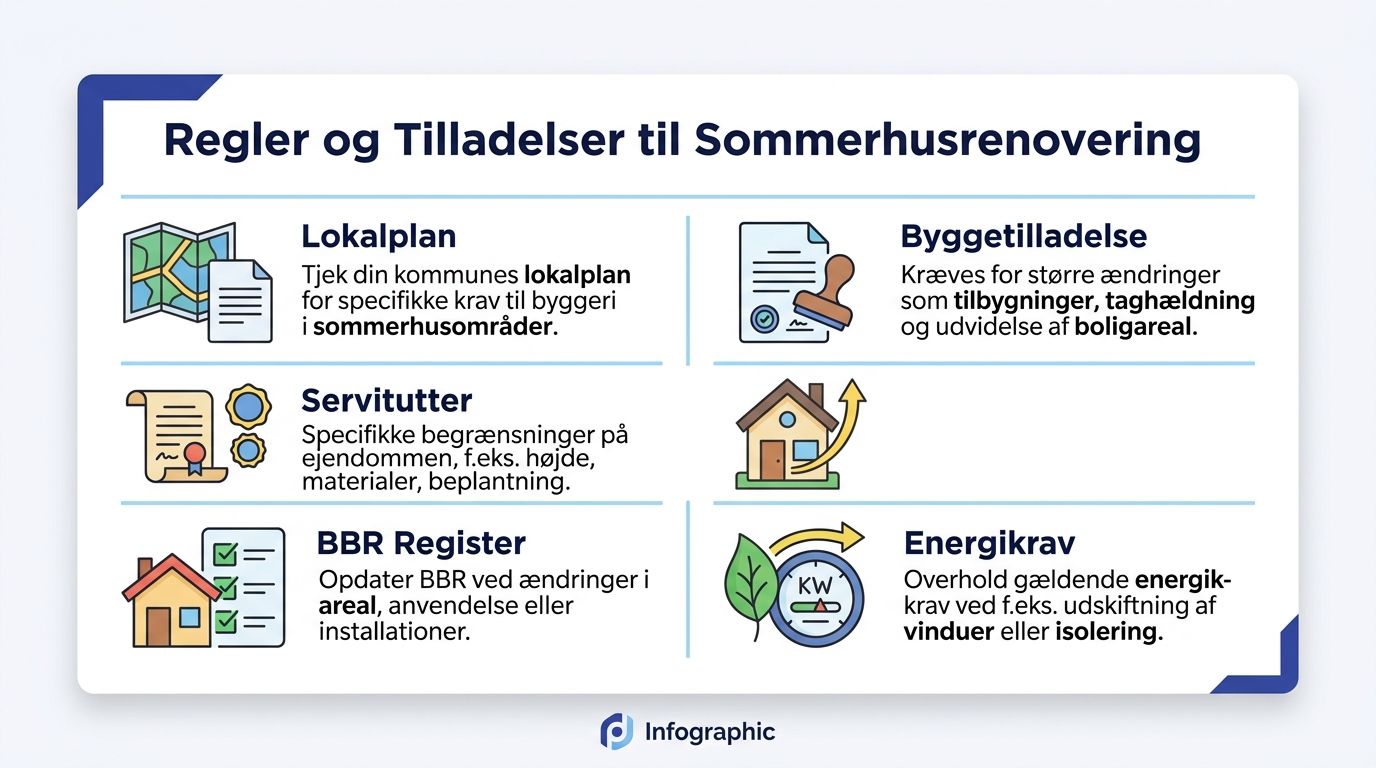 En infografik der viser vigtige regler og tilladelser ved renovering af sommerhuse i Danmark.