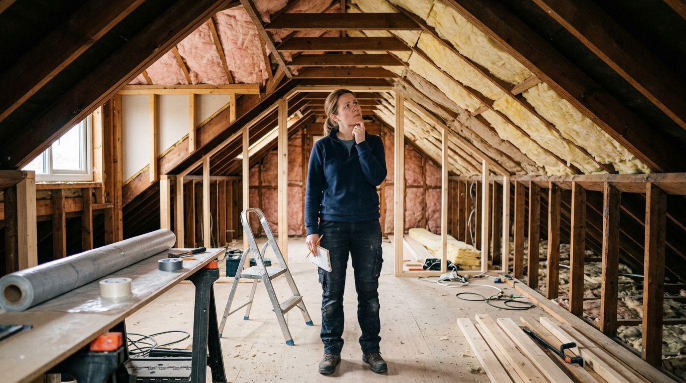 En kvinde står i et ufærdigt loftrum og overvejer installationen af en ny dampspærre i konstruktionen.