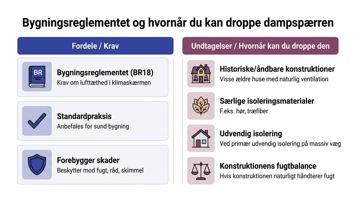 En infografik der forklarer Bygningsreglementet og hvornår man kan undlade at bruge en dampspærre i bygninger.