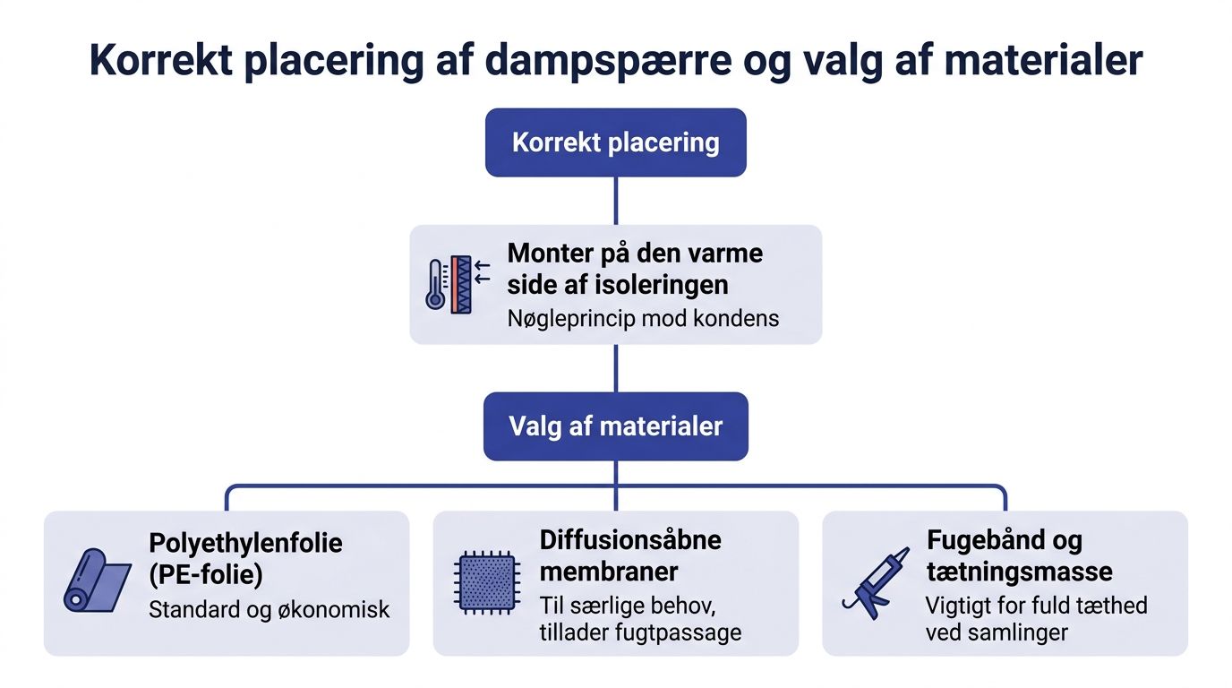 Diagram der forklarer korrekt placering af dampspærre og valg af relevante materialer til isoleringsopgaver i boligen.
