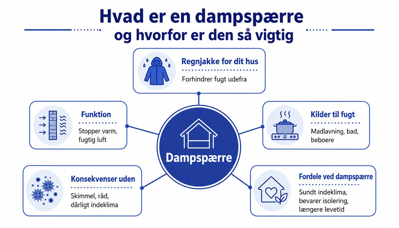 Infografik der forklarer hvad en dampspærre er, dens funktion, vigtige fordele og konsekvenser ved manglende montering.
