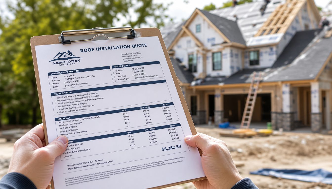 En person holder et tilbud på et nyt tag foran et hus under tagkonstruktion og renovering.