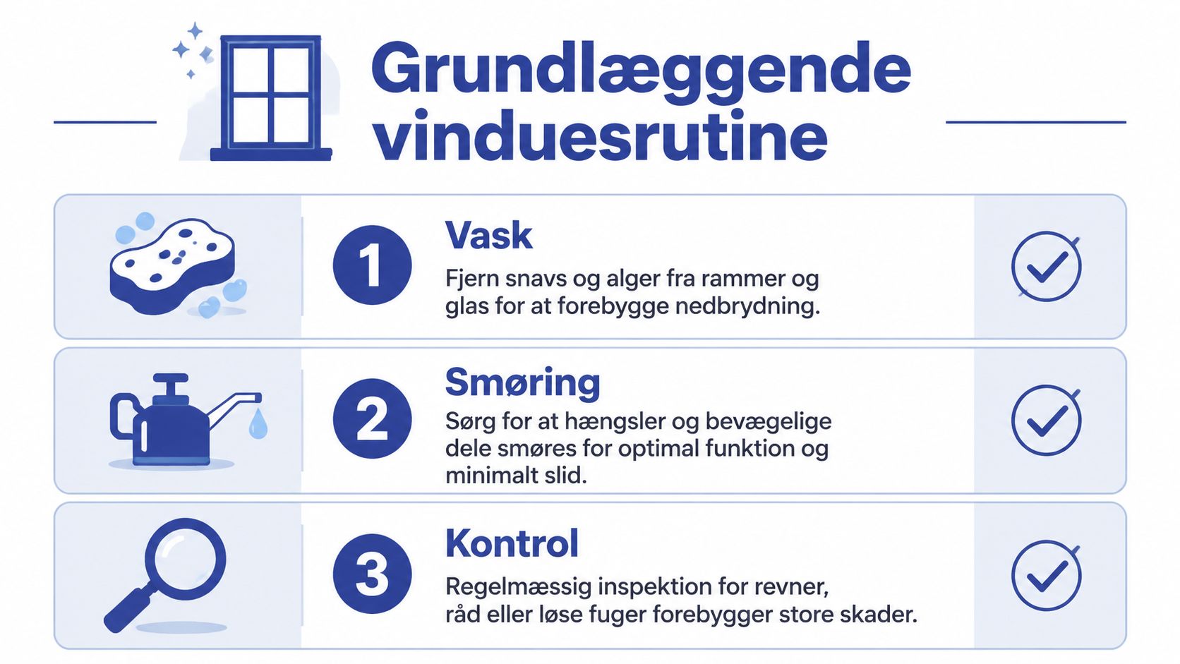 En grafisk guide på dansk med tre vigtige trin til korrekt og regelmæssig vedligeholdelse af dine vinduer.