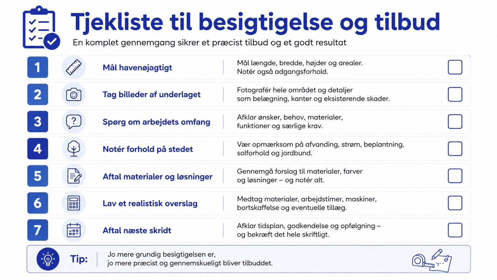 Tjekliste til besigtigelse og tilbud med syv trin til en professionel gennemgang af haveprojekter for håndværkere.