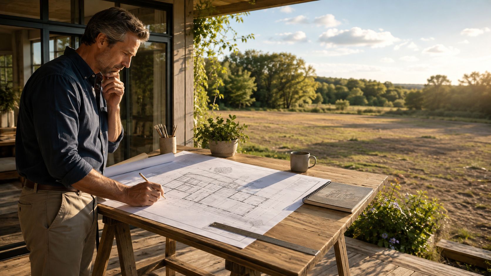 En moden arkitekt arbejder på tegninger af en tilbygning til et sommerhus på en solrig terrasse