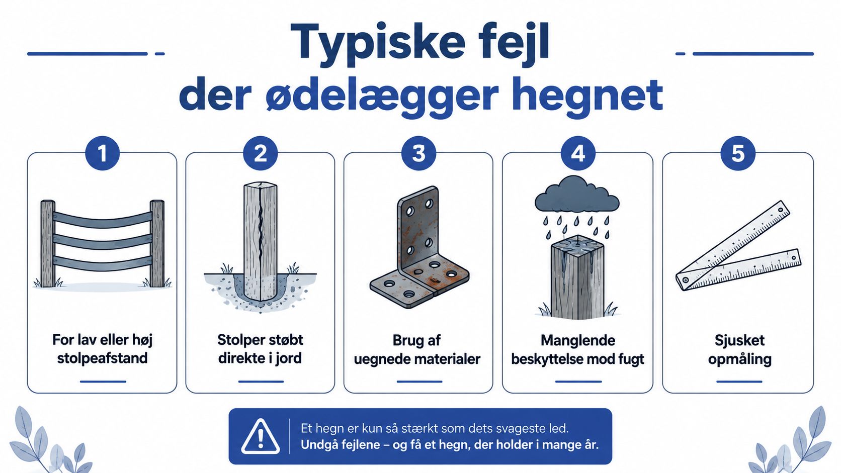 En infografik der viser de fem mest typiske fejl, man skal undgå ved opsætning af hegn.