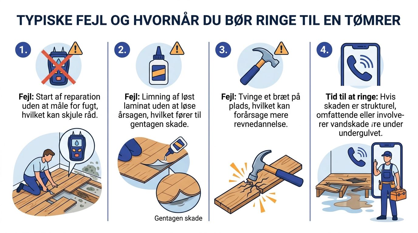 Infografik der viser typiske fejl ved reparation af gulve og hvornår man bør tilkalde en professionel tømrer.