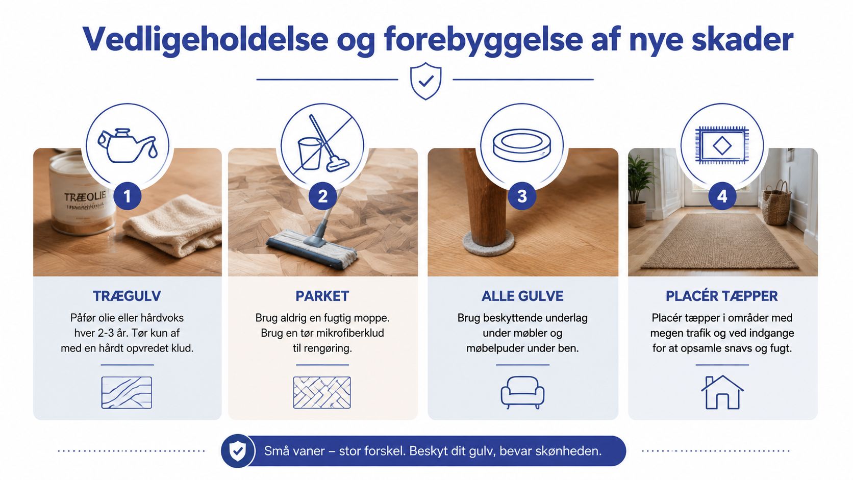 En guide med fire trin til vedligeholdelse af trægulve for at forebygge skader og bevare gulvets udseende.