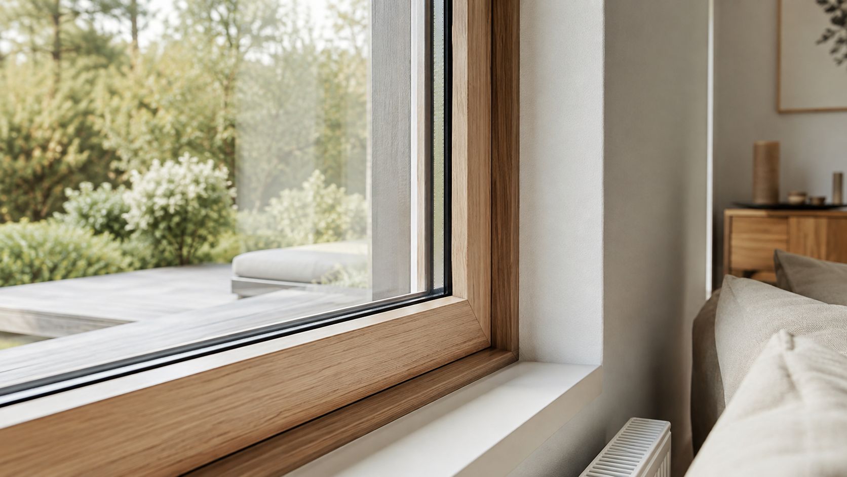 Nærbillede af et elegant trævindue med udsigt til en frodig have i et moderne lyst interiør.