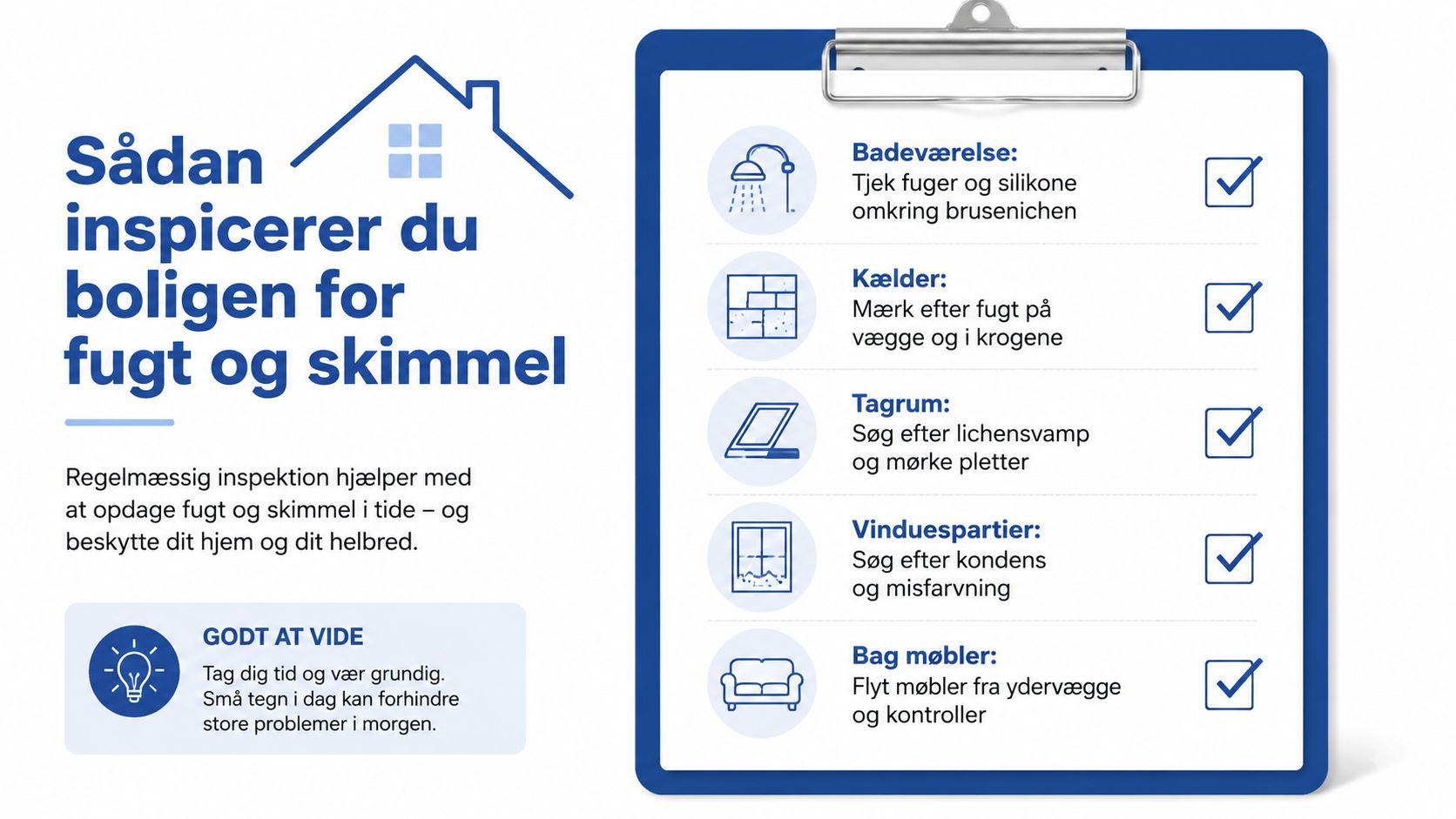 Tjekliste til inspektion af bolig for fugt og skimmel i badeværelse, kælder, tagrum, vinduer og bag møbler.