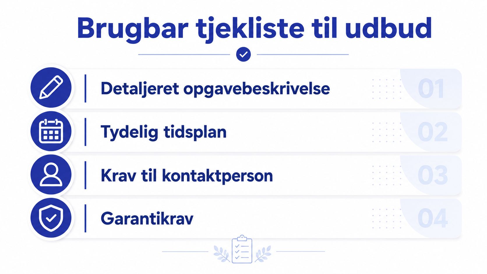En grafisk tjekliste med fire vigtige punkter til udarbejdelse af et professionelt udbudsmateriale for virksomheder.