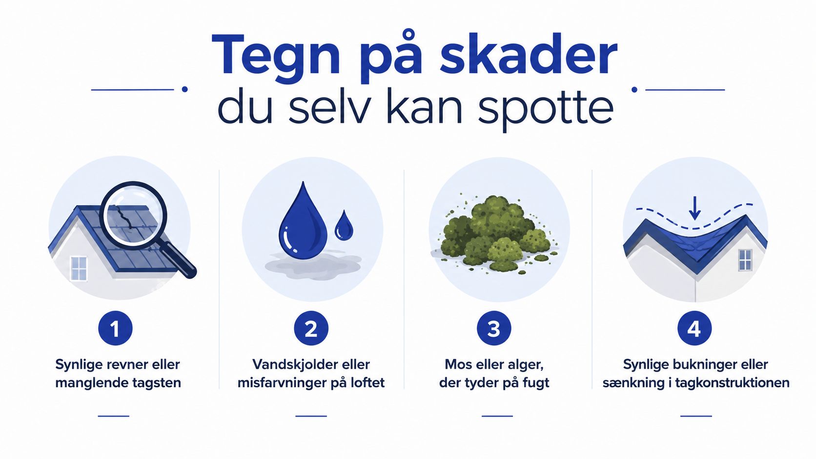En infografik der viser fire almindelige tegn på skader på et tag, som du selv kan spotte.