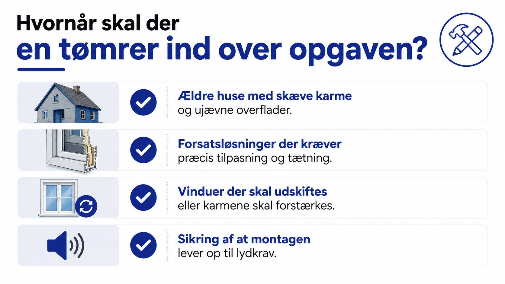 En infografik der viser fire situationer hvor det er nødvendigt at benytte en professionel tømrer til vinduesmontering.