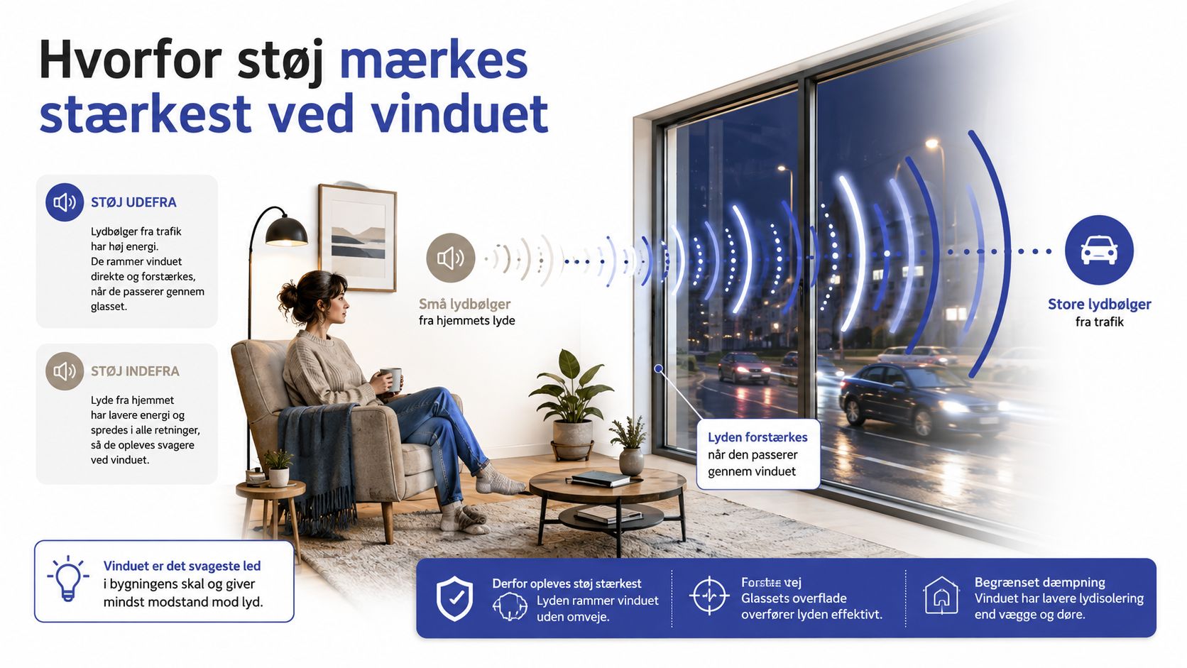 En grafisk oversigt der forklarer hvorfor støj fra trafik opleves stærkere gennem vinduer i hjemmet.