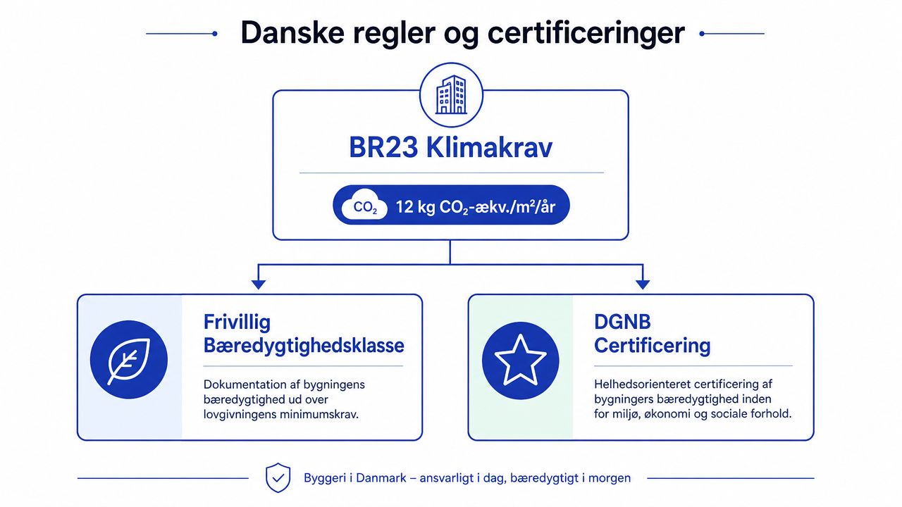En infografik der viser danske regler og certificeringer inden for bæredygtigt byggeri, herunder BR23 Klimakrav, Frivillig Bæredygtighedsklasse og DGNB.