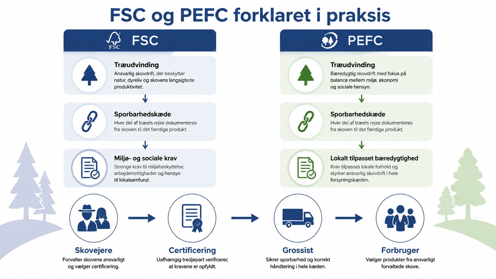 En infografik der forklarer forskellene og lighederne mellem FSC og PEFC certificeringer for bæredygtig træproduktion.