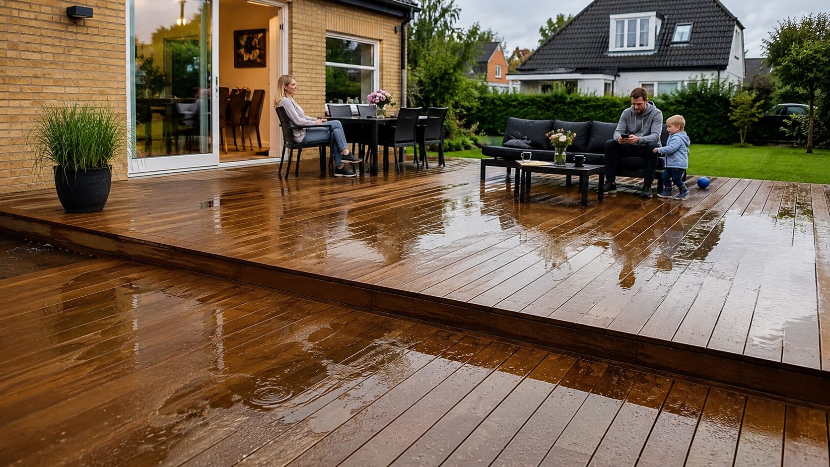 Familie nyder en regnvejrsdag på en moderne træterrasse ved et hus med glasdøre og frodig have.