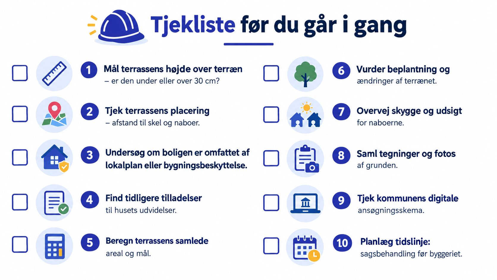Tjekliste med 10 vigtige punkter til planlægning af en ny terrasse før byggeriet går i gang.