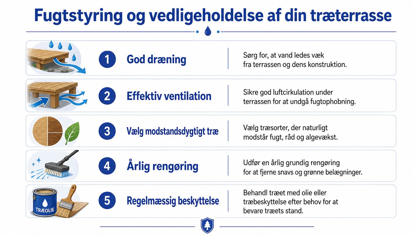 Infografik med fem gode råd til fugtstyring og vedligeholdelse af en træterrasse for at sikre lang holdbarhed.