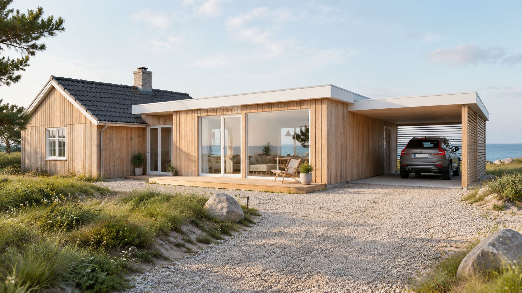 Moderne sommerhus med træbeklædning og tilbygning med carport ved kysten omgivet af vild natur og grusindkørsel.