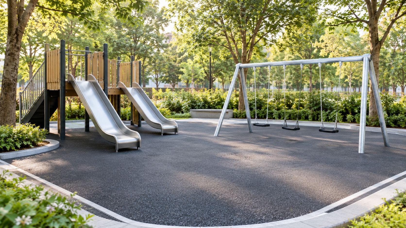 En moderne legeplads med rutschebaner og gynger i en park omgivet af frodige grønne træer og buske.