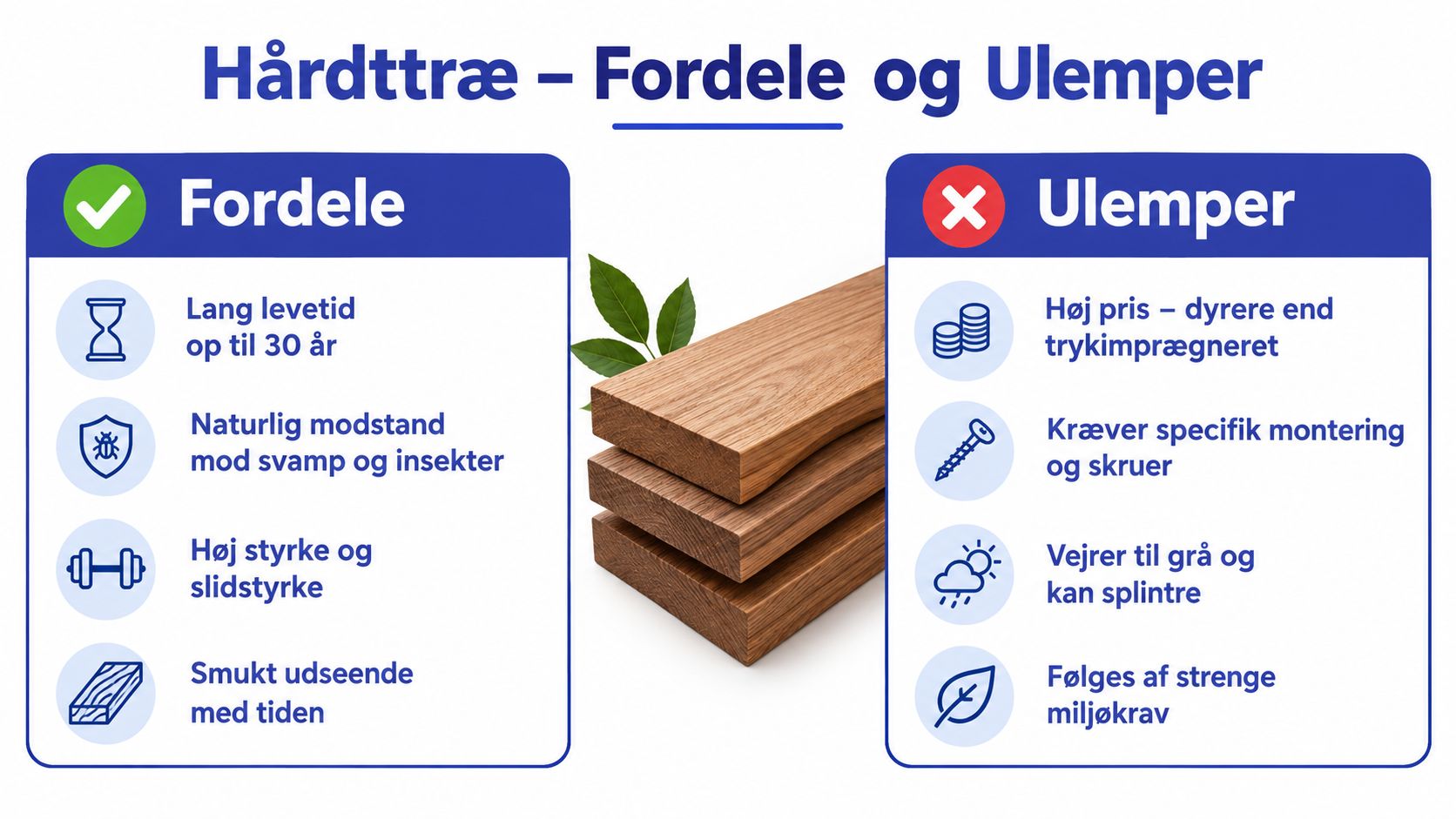 En infografik der viser fordele og ulemper ved brug af hårdttræ til terrassebrædder med træstykker i midten.