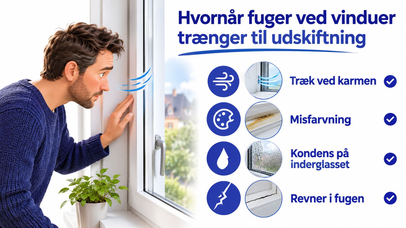 Illustration af tegn på, at fuger ved vinduer trænger til udskiftning, herunder træk, misfarvning, kondens og revner.