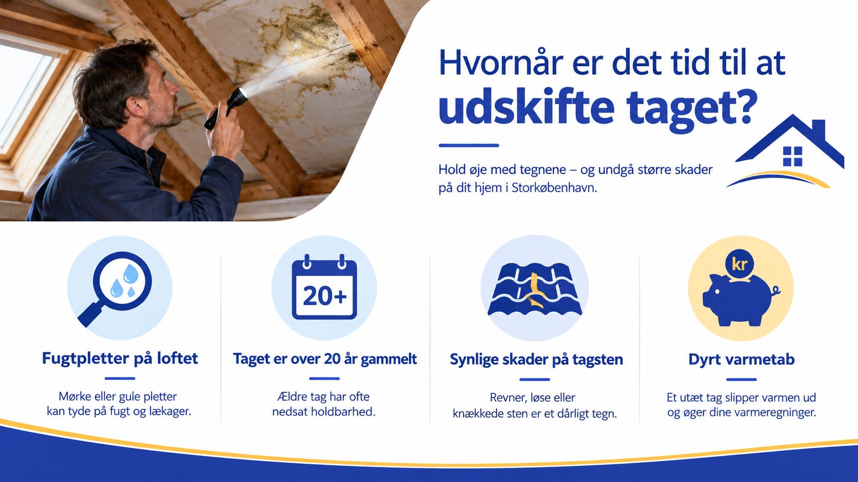 En mand undersøger loftet med en lommelygte for at finde tegn på fugtskader og utæt tag.