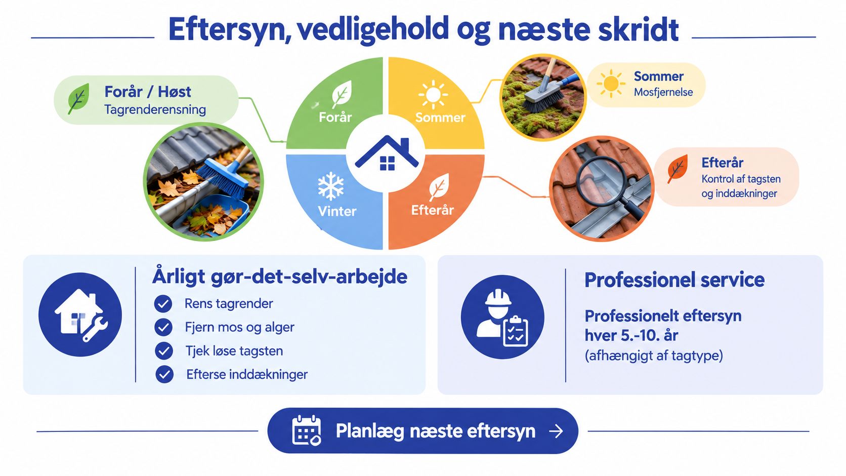 Infografik der viser årstidernes vedligeholdelse af tag, herunder rensning af tagrender og professionelt eftersyn hvert tiende år.