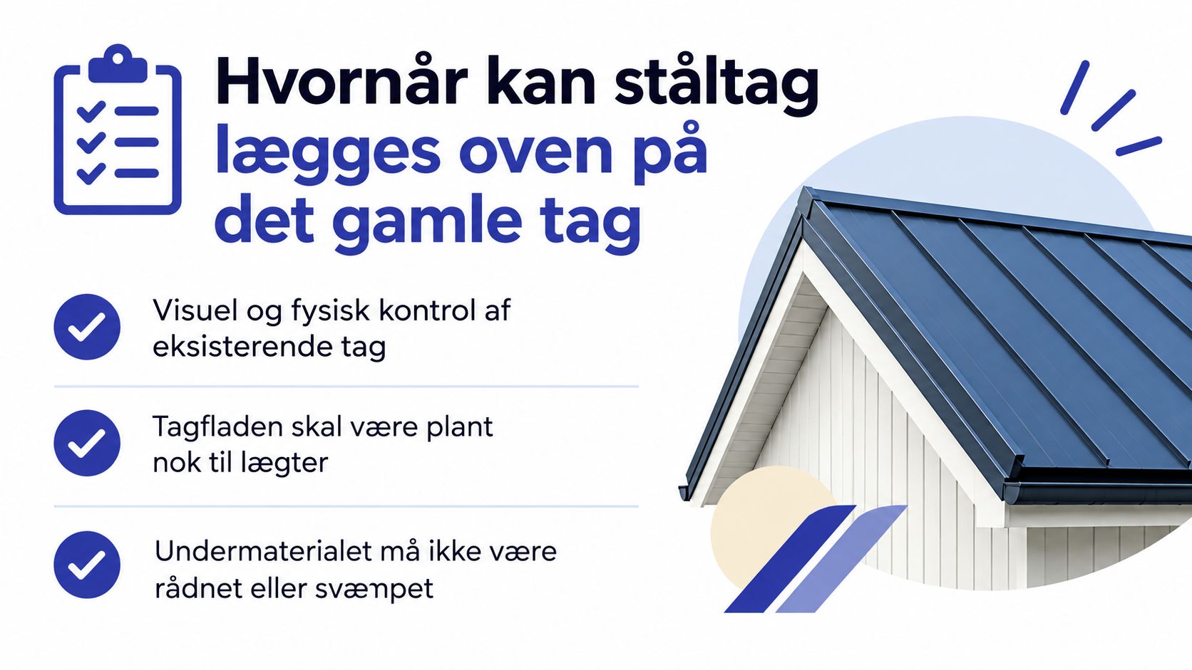 En infografik der forklarer de nødvendige krav for at montere et nyt ståltag ovenpå et eksisterende tag.