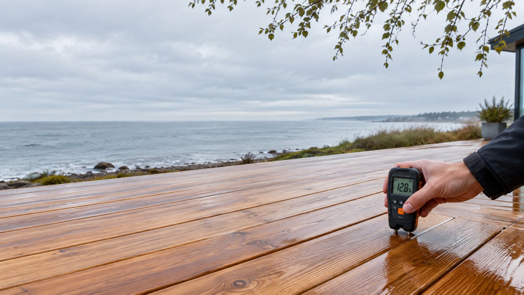 En person måler fugtindholdet i en nylagt træterrasse med en digital fugtmåler ved havet.