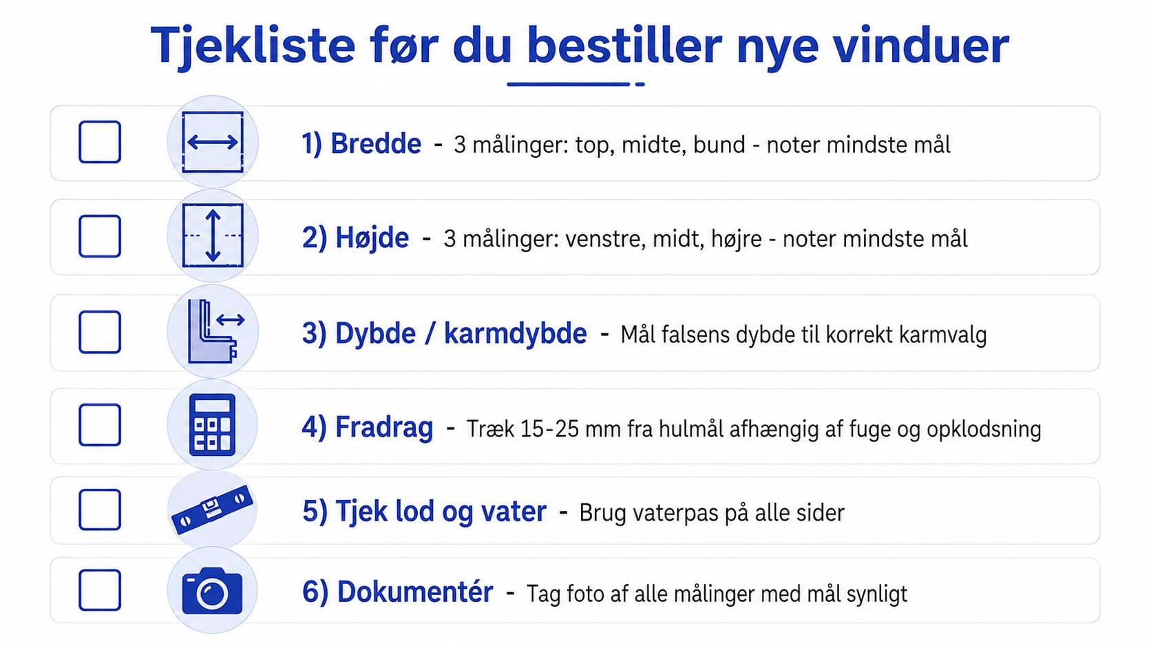 Tjekliste med seks vigtige punkter til korrekt opmåling før bestilling af nye vinduer til boligen.