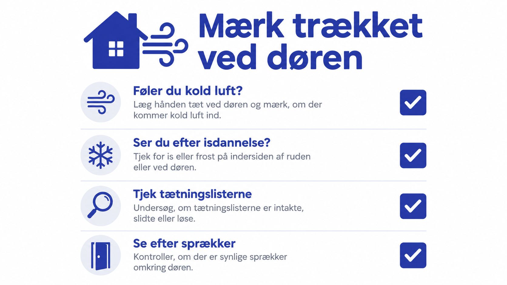 En guide med fire trin til at tjekke for træk ved døre og utætheder i boligen.