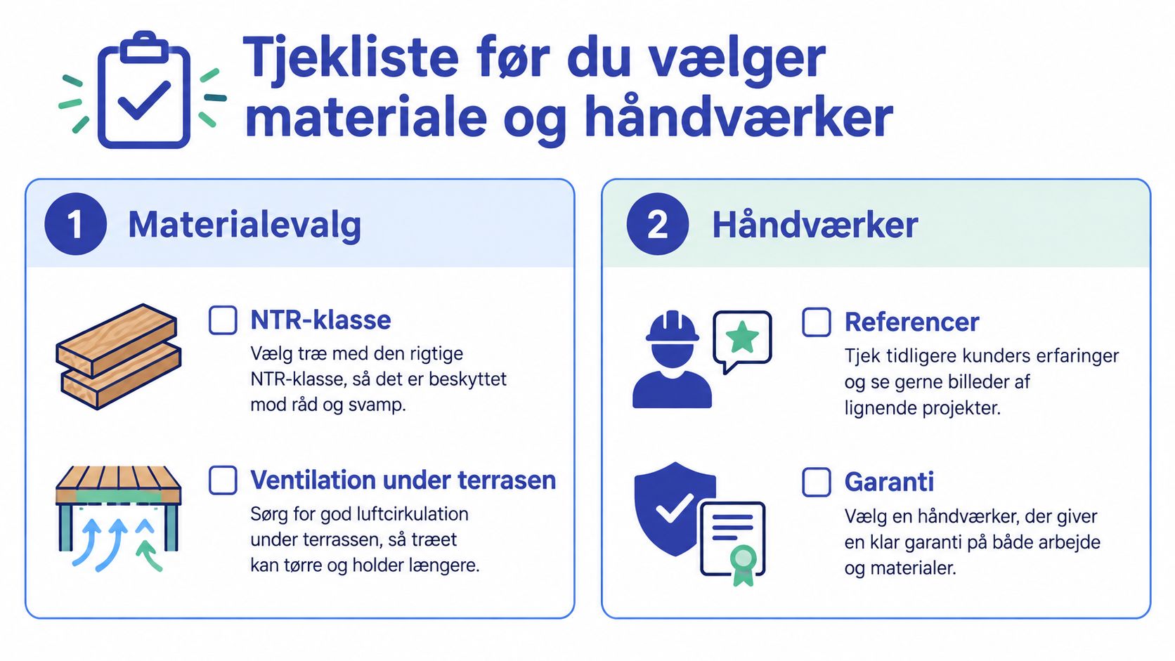Tjekliste til valg af materialer og håndværker til din nye træterrasse for at sikre holdbart byggeri.